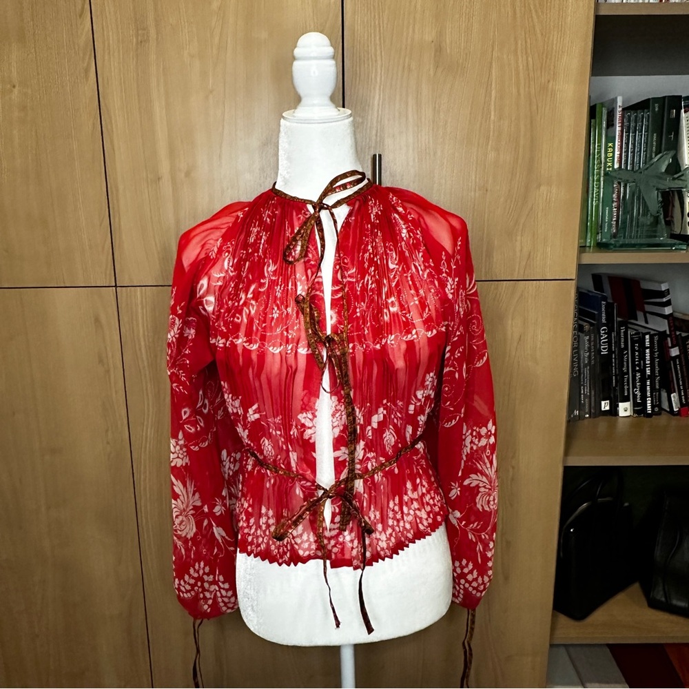 Gorgeous Etro red chiffon tie front top.